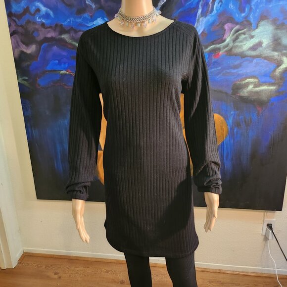 NWOT-Mango Size L, scoop neck, sweater dress, Black striped, long sleeve - Picture 1 of 12